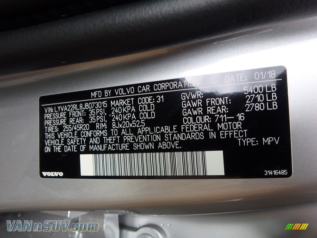 2018 XC60 T6 AWD Inscription - Electric Silver Metallic / Charcoal photo #11