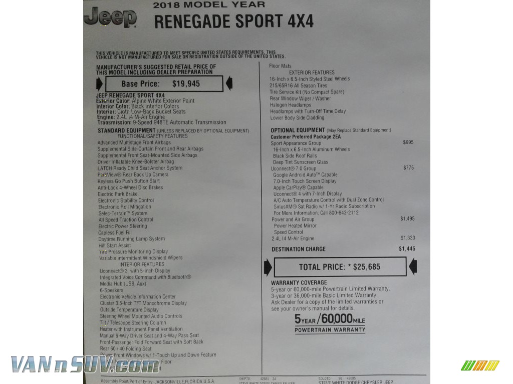 2018 Renegade Sport 4x4 - Alpine White / Black photo #30
