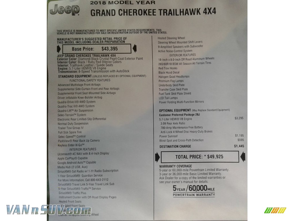 2018 Grand Cherokee Trailhawk 4x4 - Diamond Black Crystal Pearl / Black/Ruby Red photo #39