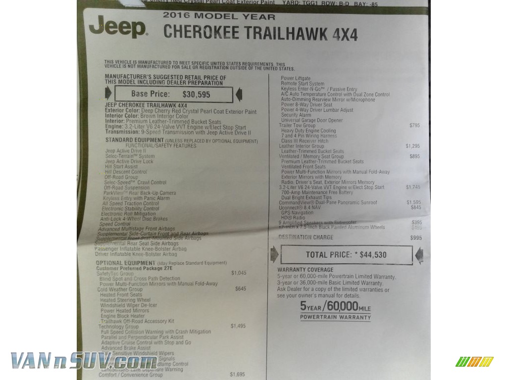 2016 Cherokee Trailhawk 4x4 - Deep Cherry Red Crystal Pearl / Black photo #34