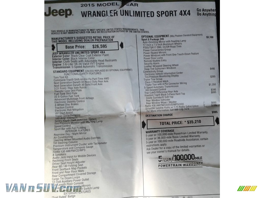 2015 Wrangler Unlimited Sport 4x4 - Black / Black photo #30