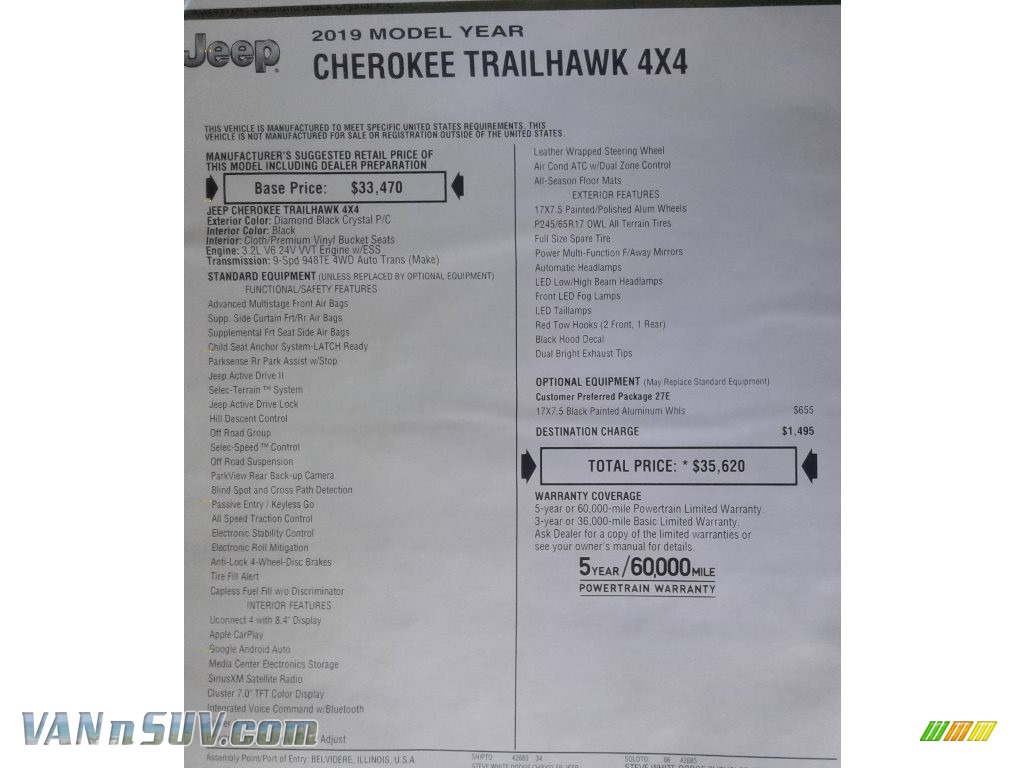 2019 Cherokee Trailhawk 4x4 - Diamond Black Crystal Pearl / Black photo #34