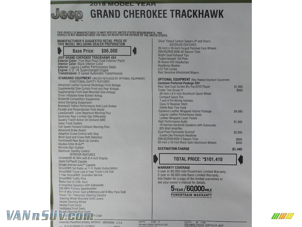2018 Grand Cherokee Trackhawk 4x4 - True Blue Pearl / Black photo #52
