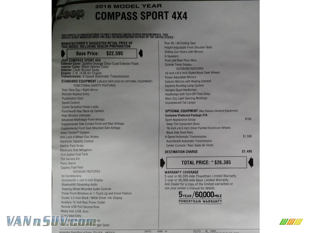 2018 Compass Sport 4x4 - Spitfire Orange / Black photo #29