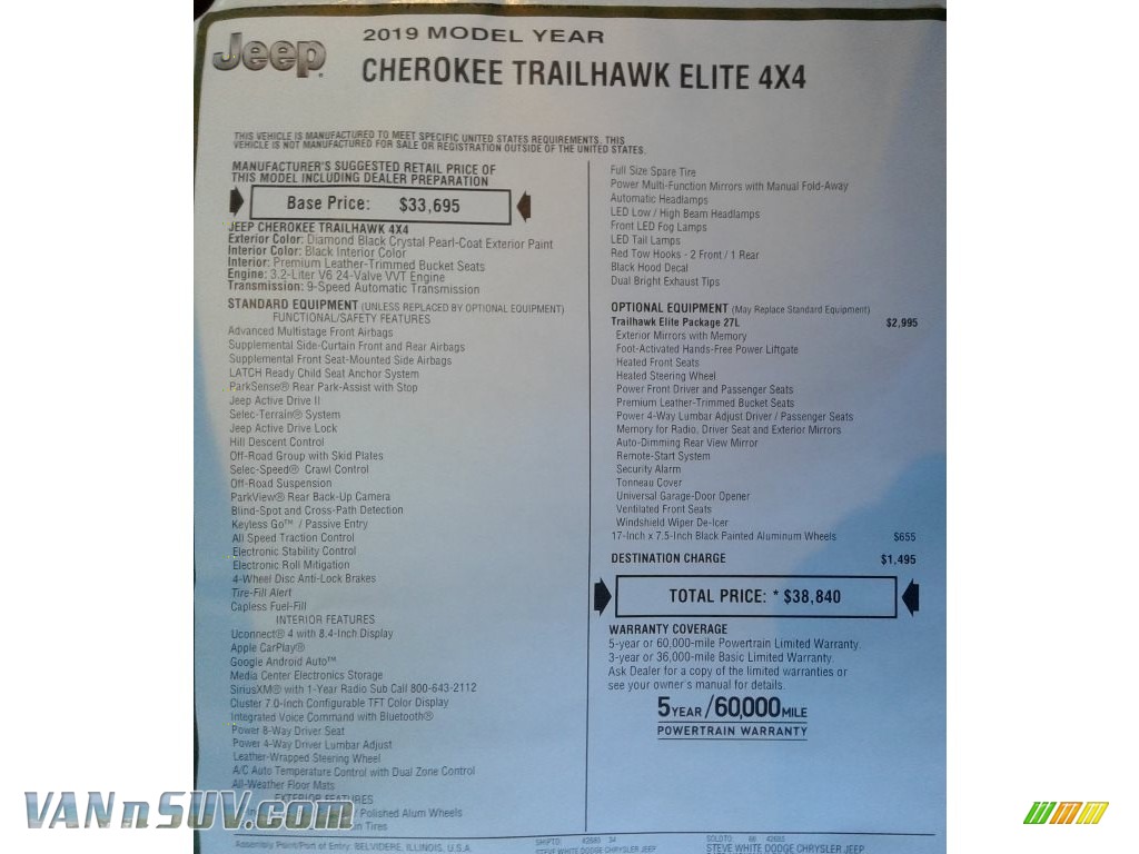 2019 Cherokee Trailhawk Elite 4x4 - Diamond Black Crystal Pearl / Black photo #33