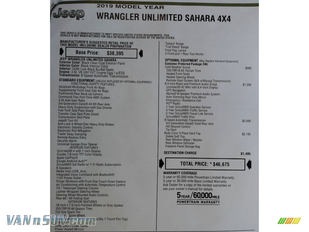2019 Wrangler Unlimited Sahara 4x4 - Black / Black photo #37