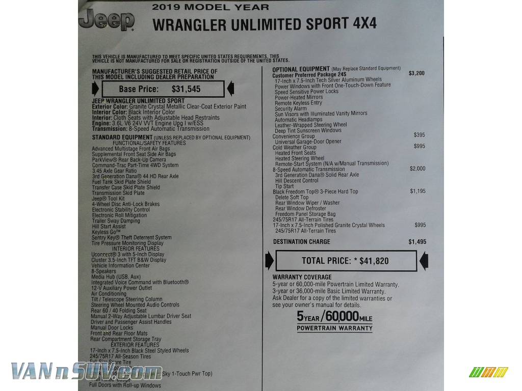 2019 Wrangler Unlimited Sport 4x4 - Granite Crystal Metallic / Black photo #29