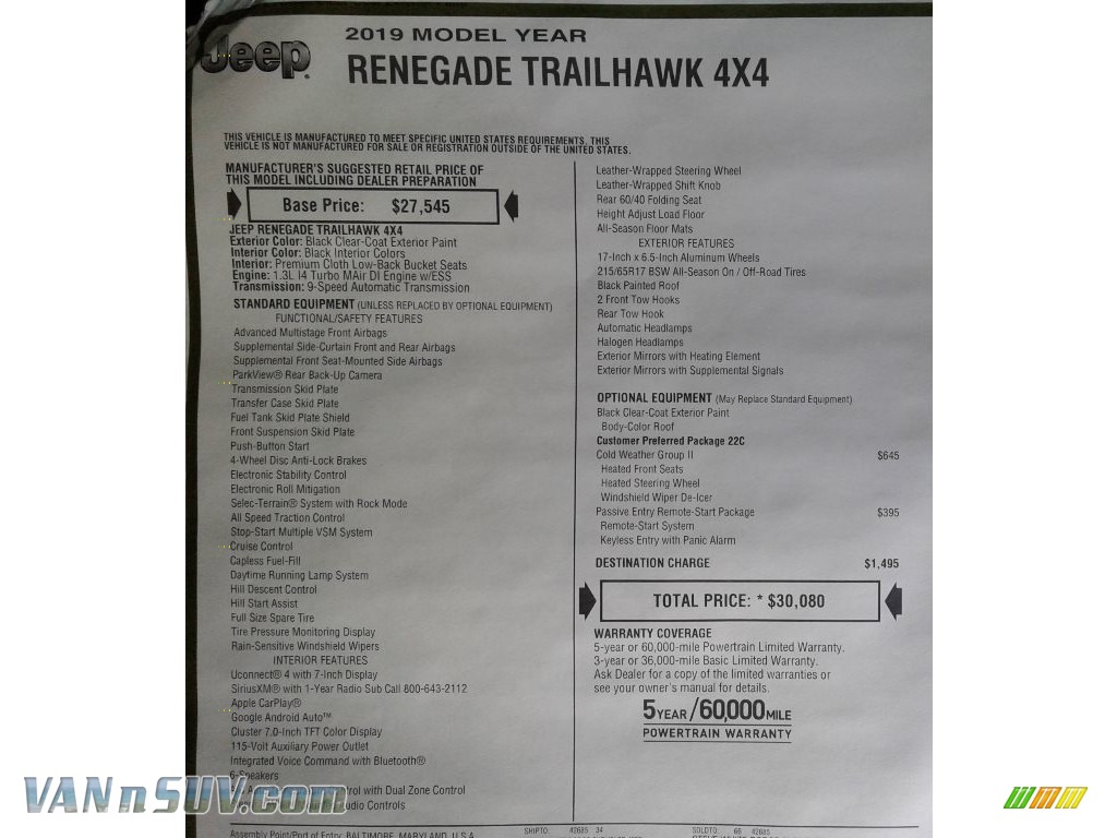 2019 Renegade Trailhawk 4x4 - Black / Black photo #34