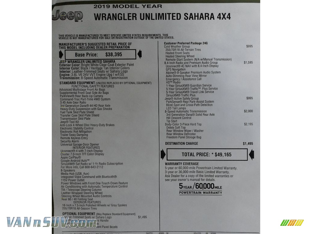 2019 Wrangler Unlimited Sahara 4x4 - Bright White / Black/Heritage Tan photo #37