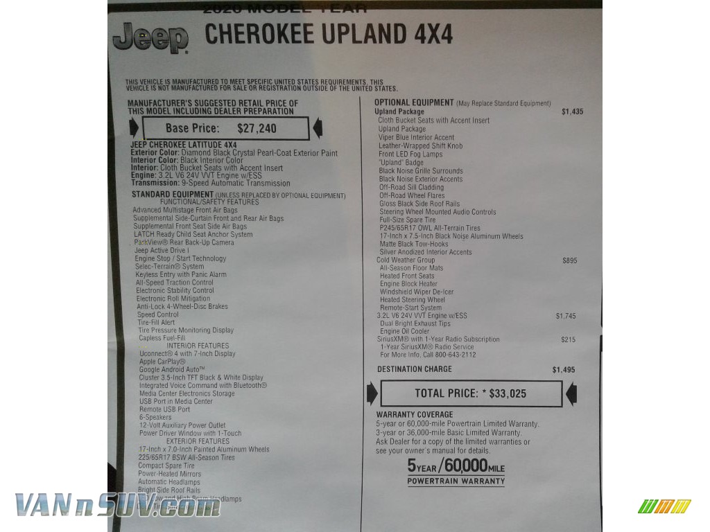 2020 Cherokee Upland 4x4 - Diamond Black Crystal Pearl / Black photo #33