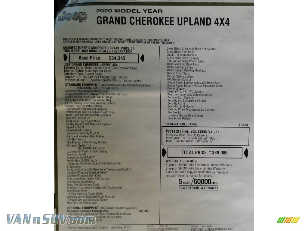2020 Grand Cherokee Upland 4x4 - Bright White / Black photo #35