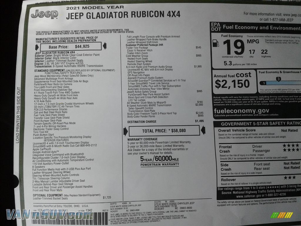 2021 Gladiator Rubicon 4x4 - Bright White / Black photo #30