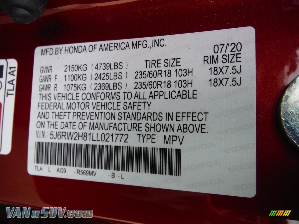 2020 CR-V EX-L AWD - Radiant Red Metallic / Gray photo #34