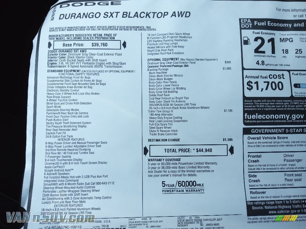 2022 Durango SXT AWD - Destroyer Gray / Black photo #28