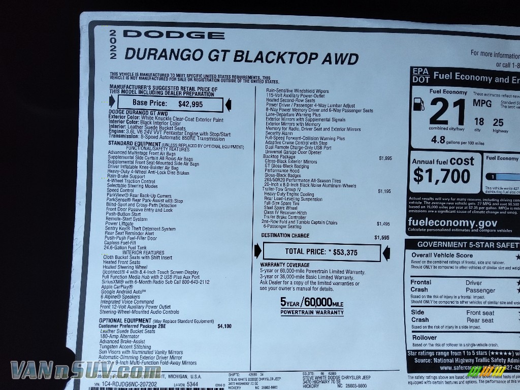 2022 Durango GT AWD - White Knuckle / Black photo #30